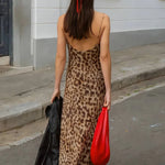 Leopard Print Satin Slip Dress – Sleeveless Cowl Neck Maxi Dress Spaghetti Strap Backless Ruffles Party Gown