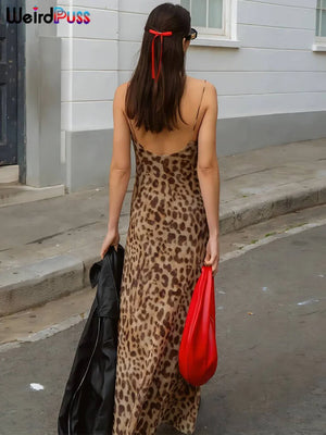 Leopard Print Satin Slip Dress – Sleeveless Cowl Neck Maxi Dress Spaghetti Strap Backless Ruffles Party Gown