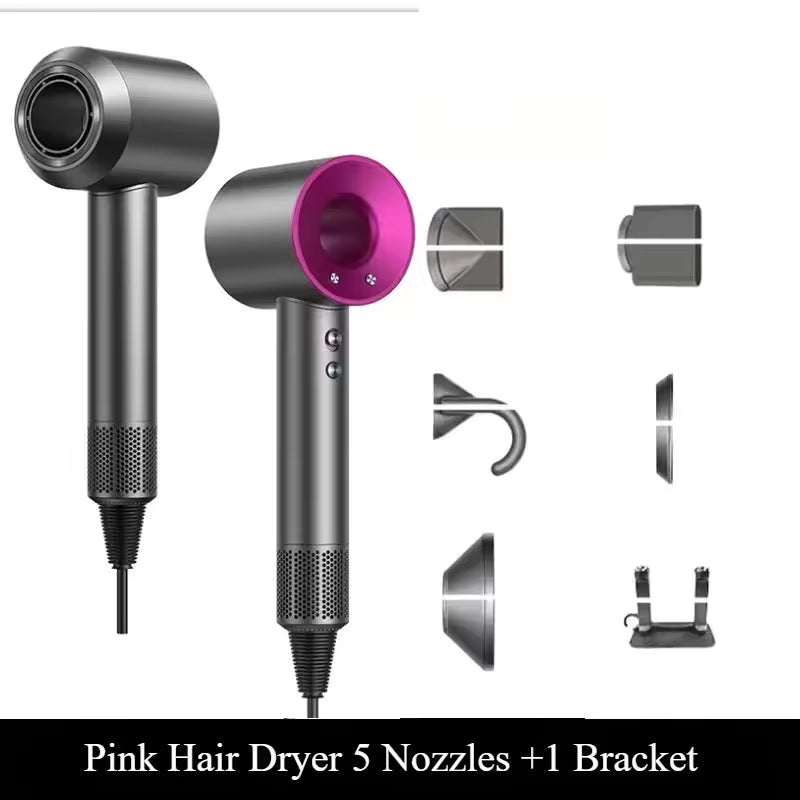 Pink hair dryer with five nozzles and a bracket on a white background