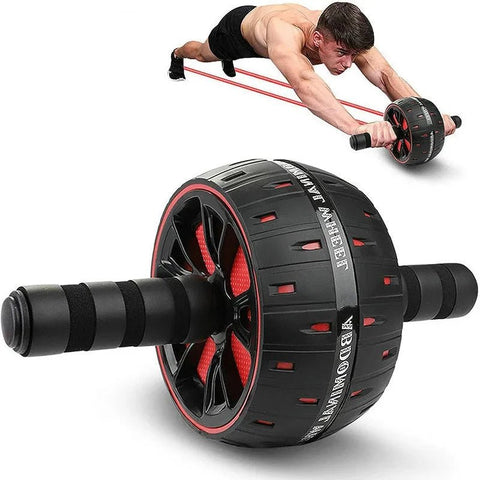 AB wheel exercise equipment with a person using it on a white background