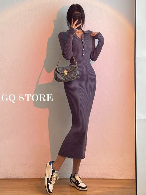 Long Sleeve Fishtail Maxi Dress Women Slim Button Elegant Casual Party Winter Fashion