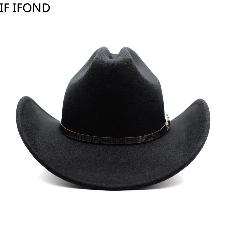 Black cowboy hat with a brown band on a white background