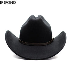 Black cowboy hat with a brown band on a white background