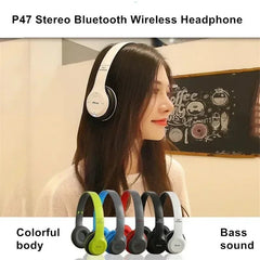 Woman wearing P47 Stereo Bluetooth Wireless Headphones with color options displayed below.