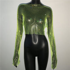 Rhinestone Fishnet Top Crystal Diamond Mesh Top, Sparkling See-Through Long Sleeve Top