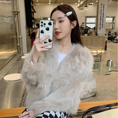 Women's Faux Fur Coat Luxury Collarless Short Elegant Shaggy Artic Fox Faux Fur Coat Bridal Bolero Shrug