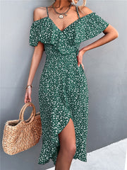 Ladies Off Shoulder Spring Summer Dress Fashionable Straps Ruffles Floral Print Dress