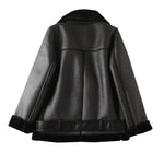 Women's Oversized Faux Leather Shearling Jacket with Zippered Closure in Black and White