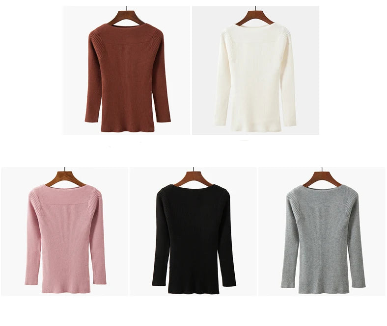 Ribbed Slash Neck Slim Sweater Knitted Long Sleeve Office Casual Solid Pullovers For Women