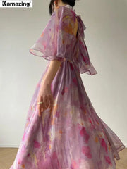 Elegant Slim Print Dress For Women Stand Collar Half Sleeve High Waist Ruched Long A-Line Dress