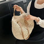 Handcrafted Round Straw Woven Beach Tote Bag Vacation Beach Hollow Out Shoulder Bag