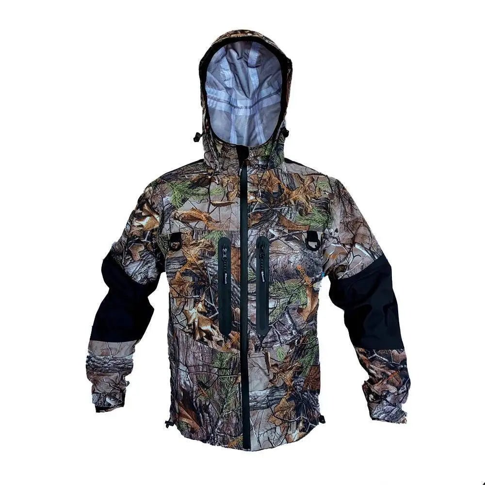 Camouflage jacket with a hood on a white background