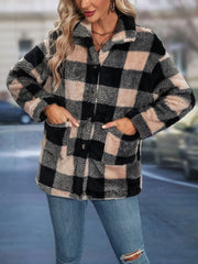 Women's Sherpa Plaid Pattern Button-Up Jacket Lapel Fall Winter Coat