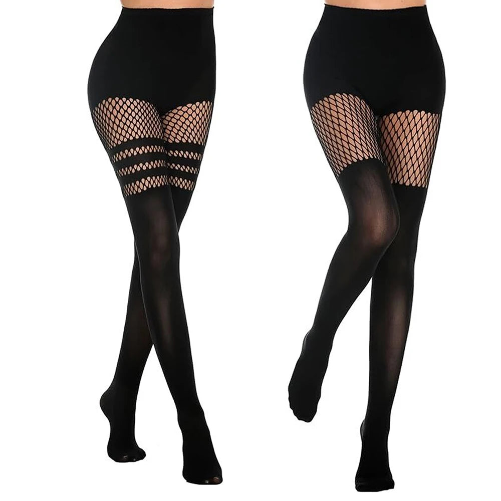 Black fishnet tights with mesh panels on a white background
