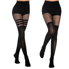 Black fishnet tights with mesh panels on a white background