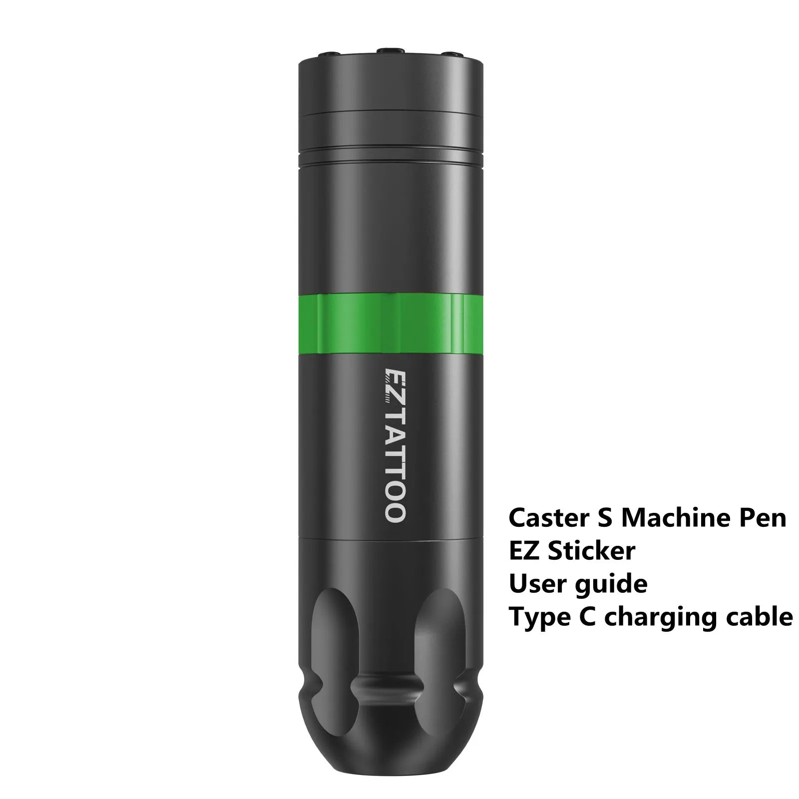 Black tattoo machine pen with green accent on a white background