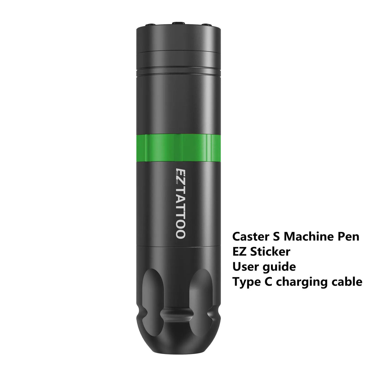 Black tattoo machine pen with green accent on a white background