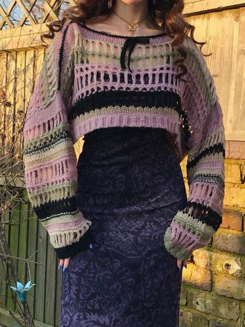 Fishnet Crop Sweater Women Striped Hollow Out Grunge Goth Casual Streetwear Fashion Top