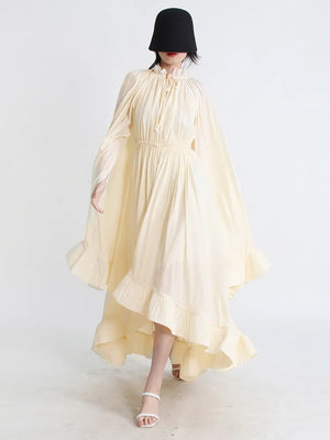 Modernicities Long Dresses For Women V Neck Cloak Sleeve High Waist Ruffles Irregular Hem Summer Dress