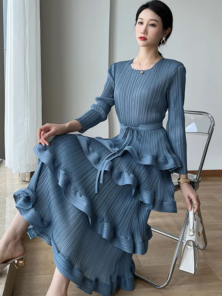 Long Pleated 4-Layer Dress for Women Round Neck Solid Color Ruffles Cake Belt Elegant Cocktail Dress Wedding