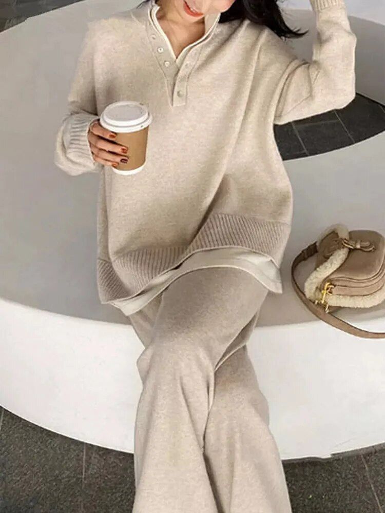 Warm Casual Knitted Pant Set Women's Long Sleeve Pullover & Elastic Waist Wide Leg Pants Sweater Set