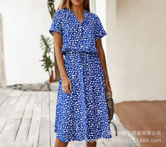Women's Short Sleeve Collared Dress Drawstring Waist Polka Dot Print A Line Midi Dress