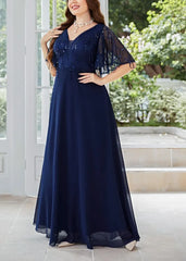 Plus Size Women's V-Neck Royal Blue Sequin Shiny Dress Chiffon Maxi Wedding Party Prom Short Sleeve Dresses