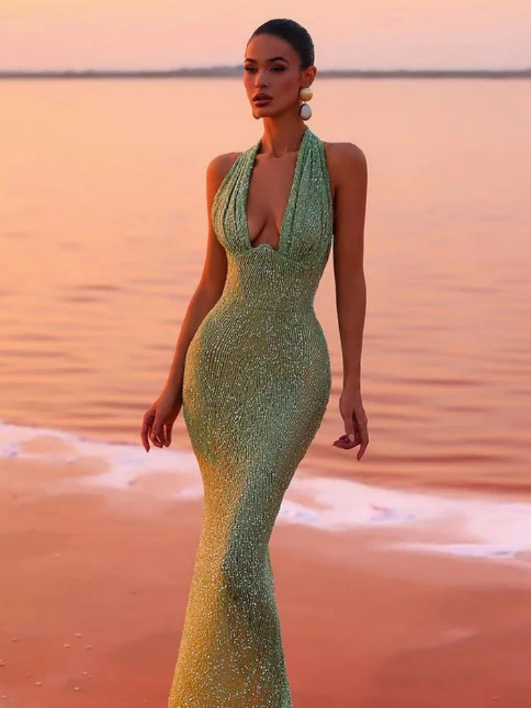 Sexy Halter Deep V-Neck Sequins Maxi Dress Green Sleeveless Backless Sequined Slim Long Dresses Wedding Party Prom Gowns