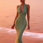 Sexy Halter Deep V-Neck Sequins Maxi Dress Green Sleeveless Backless Sequined Slim Long Dresses Wedding Party Prom Gowns