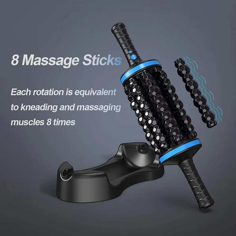 Black massage stick with blue accents on a gray background