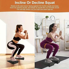 Two women performing incline and decline squats on a step machine in a home setting.