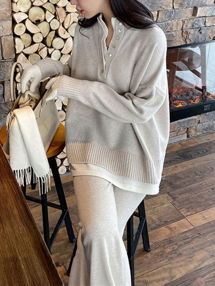 Warm Casual Knitted Pant Set Women's Long Sleeve Pullover & Elastic Waist Wide Leg Pants Sweater Set