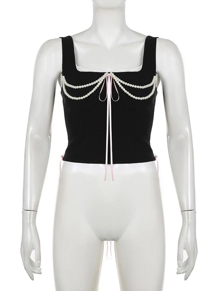 Vintage Fairy Core Corset Top Contrast Bandage Slim Tank Top Cute Sexy Clubwear Y2K Party Vest