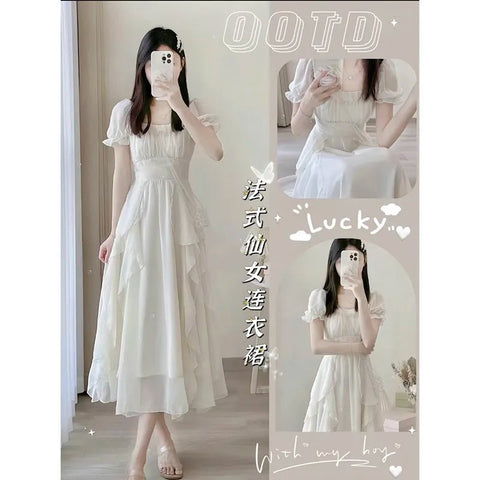 Midi Dress Women Chiffon Fairy Y2K Chic Slim Irregular Elegant Casual Party Summer Fashion Dress