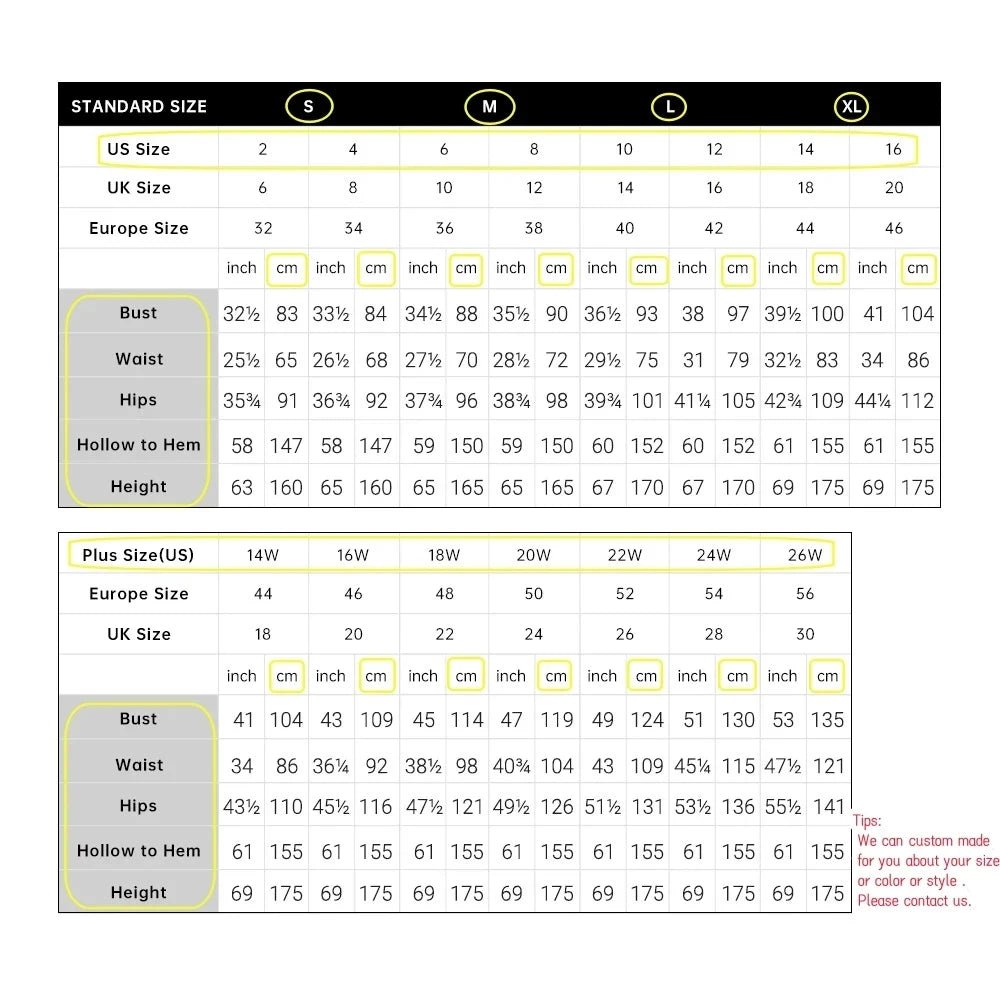 Size chart for clothing with standard, plus size, and European measurements.
