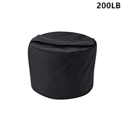 Black round ottoman with a lid on a white background, labeled '200LB'.