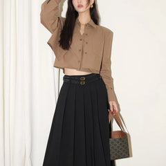 White/Khaki Fake 2-Piece Shirt Boutique Design Short Casual Long-Sleeved Crop Top