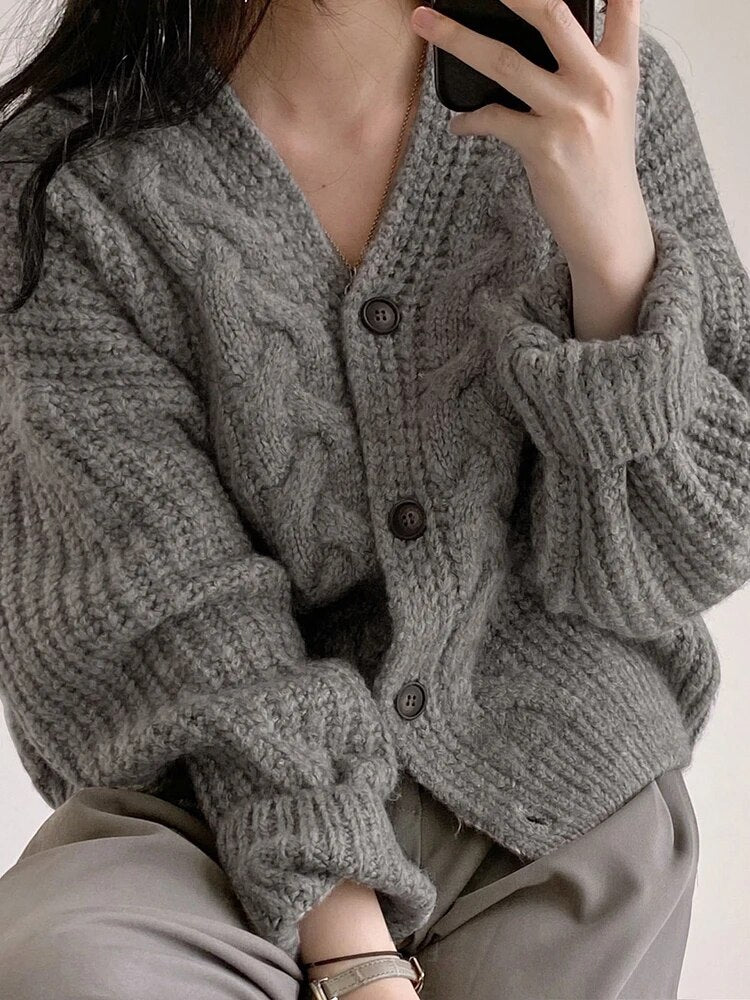 High Quality Vintage Solid Knit Cardigan for Women V-neck Single Breasted Casual Loose Thick Sweater