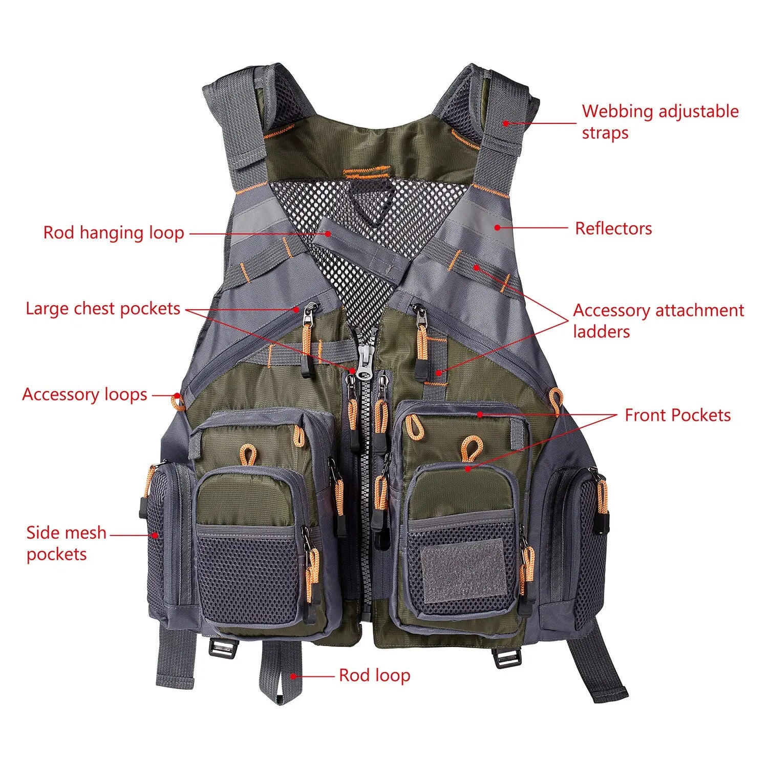 Fishing vest with labeled features on a white background