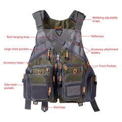Fishing vest with labeled features on a white background