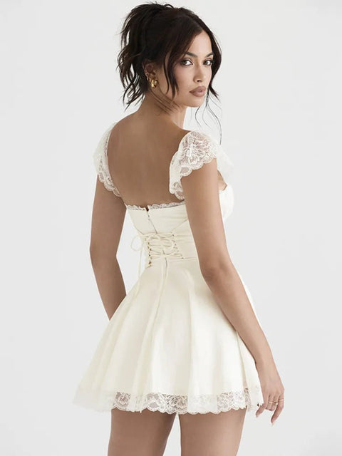 Mini Dress Women Elegant White Lace Strap Sleeveless Backless Loose A-Line Short Boutique Fashion Dress