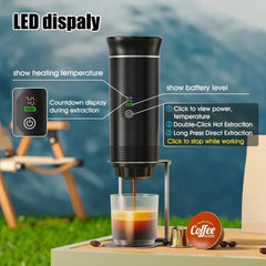 Coffee maker with LED display and brewing process outdoors