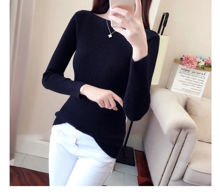 Ribbed Slash Neck Slim Sweater Knitted Long Sleeve Office Casual Solid Pullovers For Women