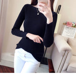 Ribbed Slash Neck Slim Sweater Knitted Long Sleeve Office Casual Solid Pullovers For Women