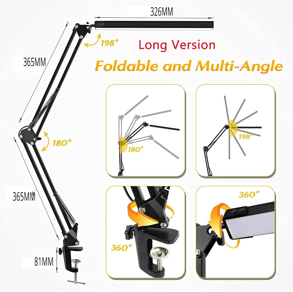Foldable and multi-angle arm with measurements and angles displayed on a white background