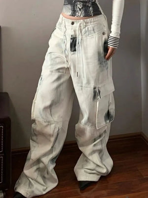 Wash Color Stained White Multi-Pocket Cargo Pants for Women Streetwear Straight Loose Wide Leg Mopping Pants Elastic Waist Belt Denims