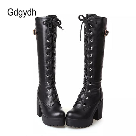 Knee High Boots Women Gothic Lace Faux Leather Chic Elegant Fashion Shoes