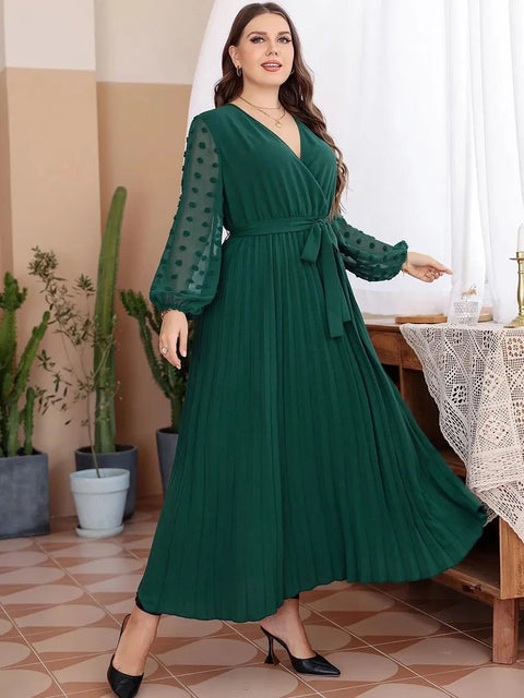 Plus Size Maxi Dress Women V-Neck Lace Mesh Sheer Long Sleeve Chiffon Pleated High Waist Party