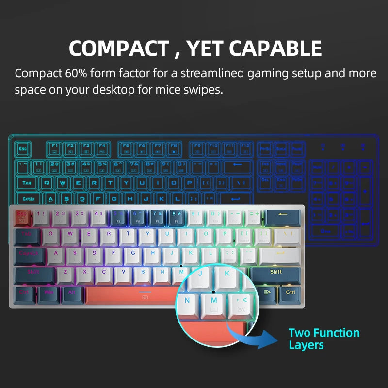 Mini Mechanical Keyboard 60% Form Factor 61Keys K500-B61 Gaming Keyboard Wired Full Key Hot-Swappable RGB Backlit Great Gift