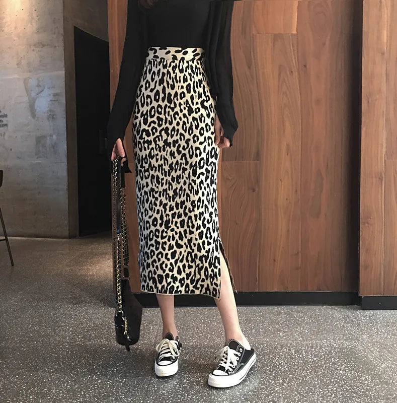 Women's Long Leopard Print Midi Skirt with Slit High Waist Knitted Skirt